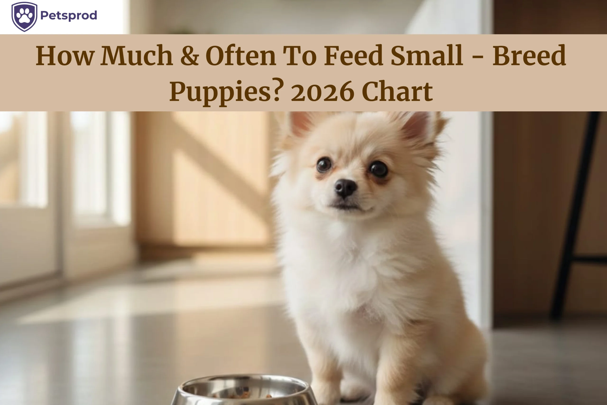 Tiny Pomeranian puppy sitting beside a food bowl representing how much and how often to feed small breed puppies with 2026 feeding chart